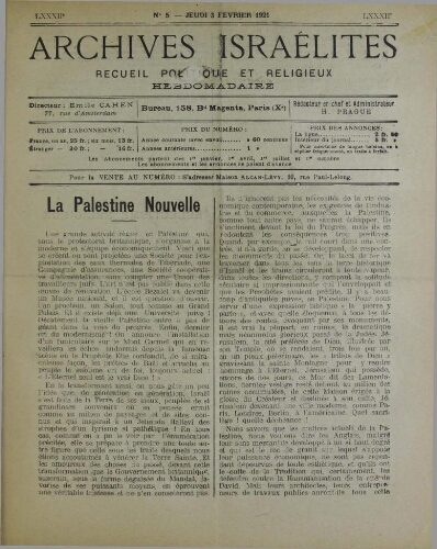 Archives israélites de France. Vol.82 N°05 (03 févr. 1921)